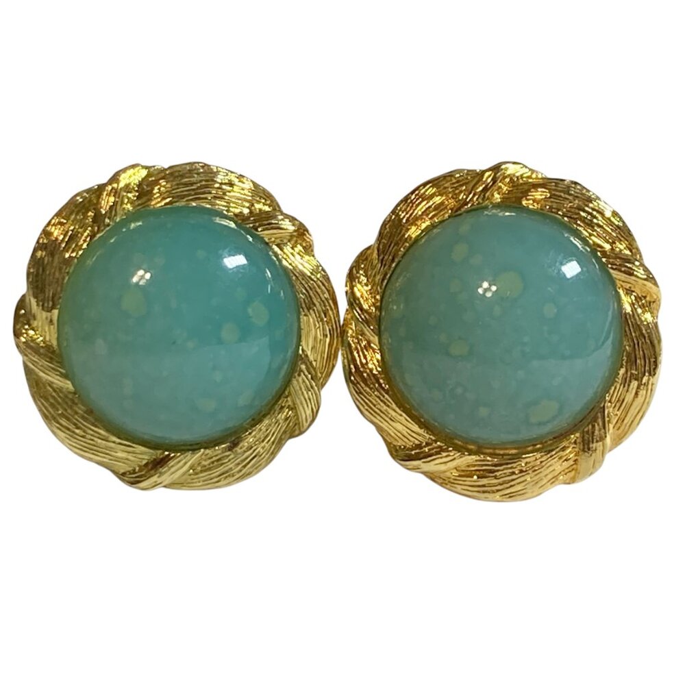 Vtg Liz Claiborne Green Art Glass Button Clip On Earrings GoldPlated Paddle Back
